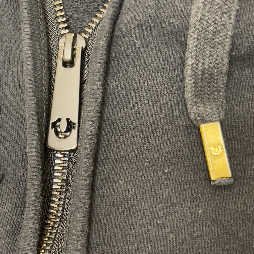 True Religion‎ Jacket Hoodie Men Medium Black Metallic Gold Double Puff Full Zip